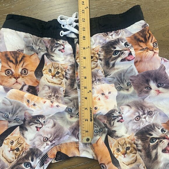 Bioworld Cat Print Swim Shorts Mens Medium Built in Brief AOP Lace Up Beach - Picture 11 of 12